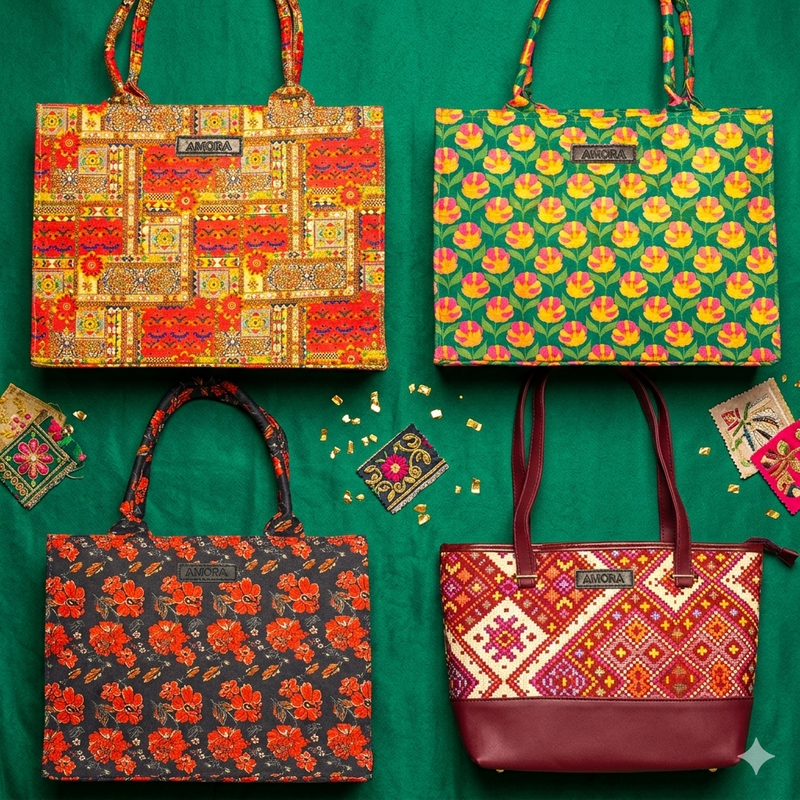 Collection of vibrant printed Amora canvas tote bags with colourful patterns