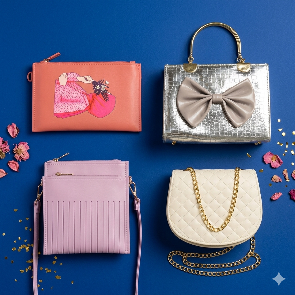 Collection of Amora crossbody bags in pink, silver, purple and white with gold chains