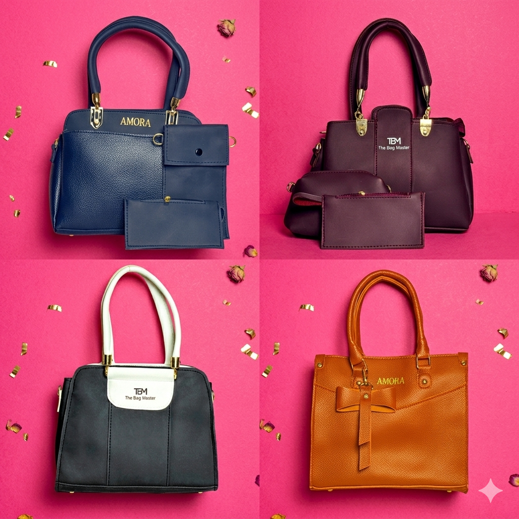 Collection of stylish Amora handbags in navy, maroon, black and rust with gold hardware
