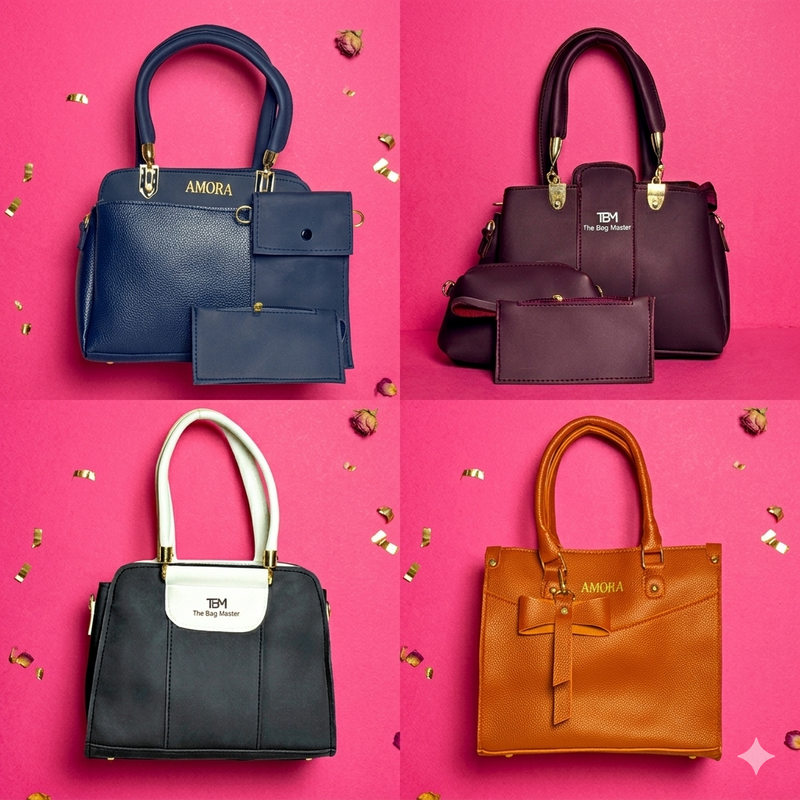 Collection of stylish Amora handbags in navy, maroon, black and rust with gold hardware