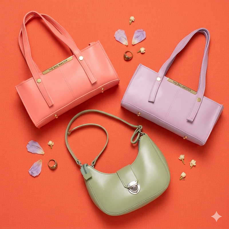 Collection of Amora shoulder bags in pink, purple and green with gold hardware