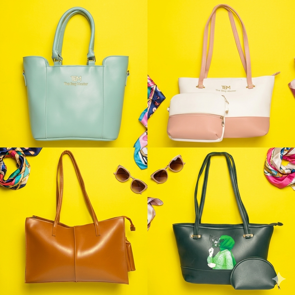 Collection of Amora tote bags in turquoise, white, rust and green