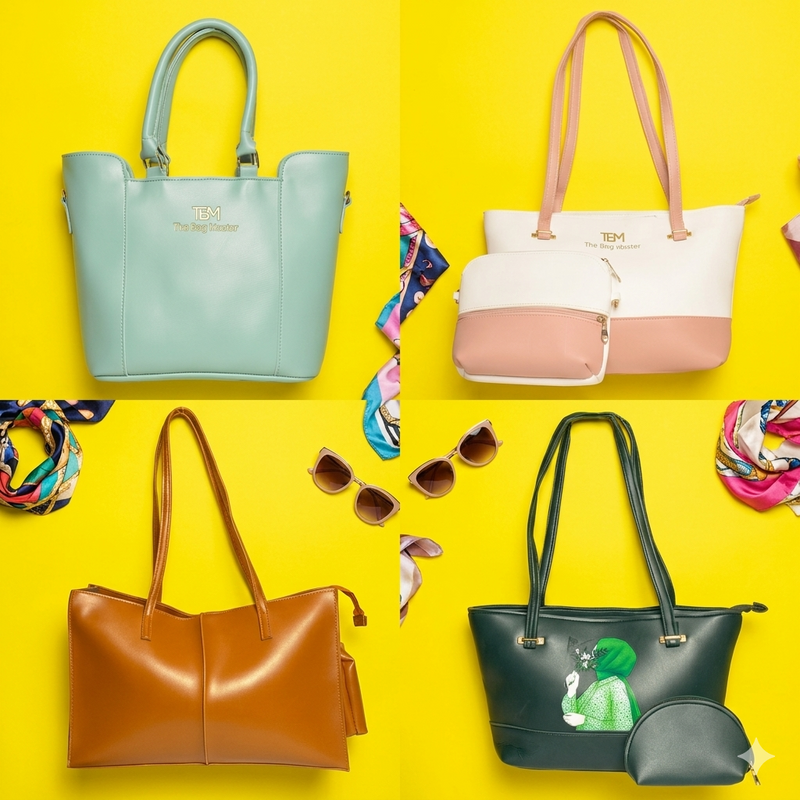 Collection of Amora tote bags in turquoise, white, rust and green