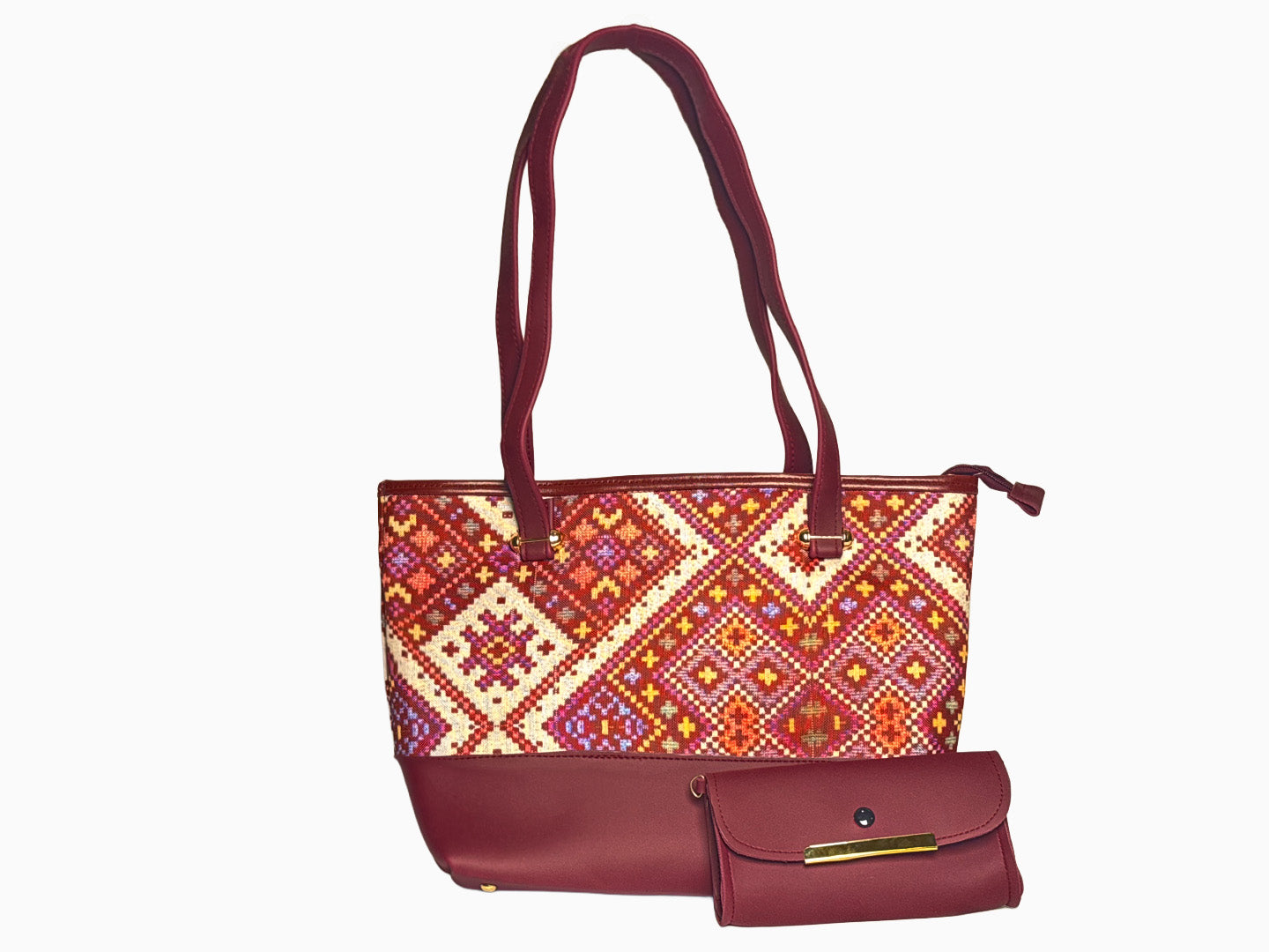 Block and Pattern in Maroon - Canvas Tote by Amora Bags