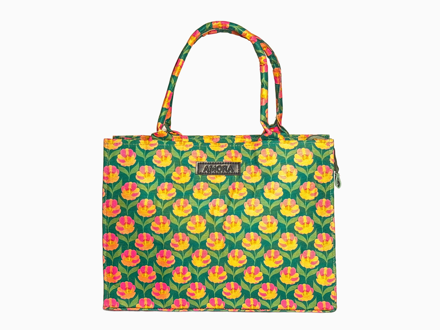 Pink Flowers in Green/Pink - Canvas Tote by Amora Bags